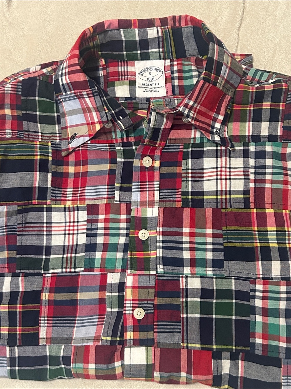 Brooks Brothers Mens S Regent Fit Patchwork Madras Plaid Shirt Short Sleeve S